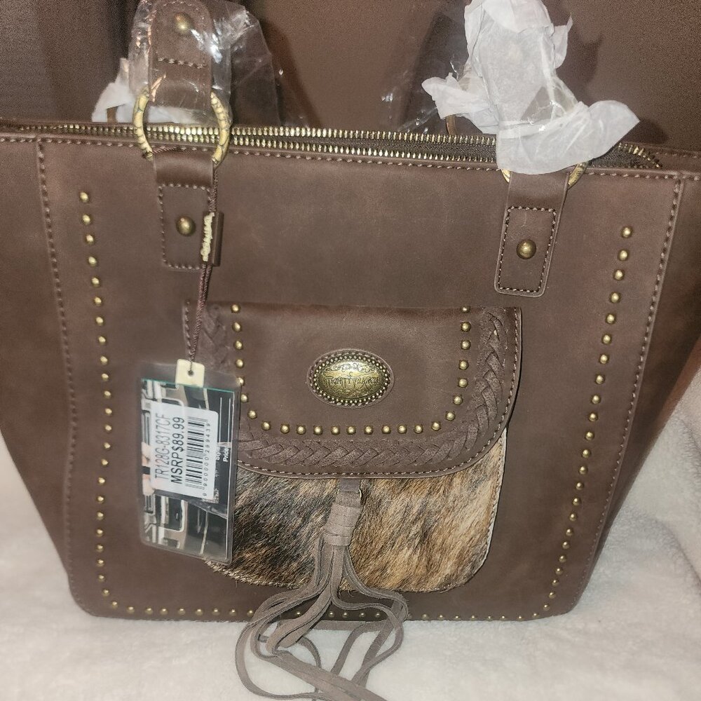 NWT~MONTANA WEST/TRINITY RANCH~Brown Leather PURSE/BAG Hair On Front Pocket
